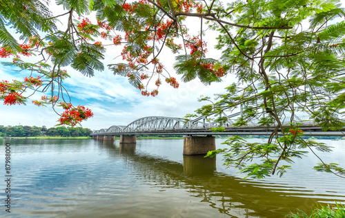 Trang Tien Bridge looming flamboyant side branches reflecting on the river. This is a classic photo corners symbol of Hue