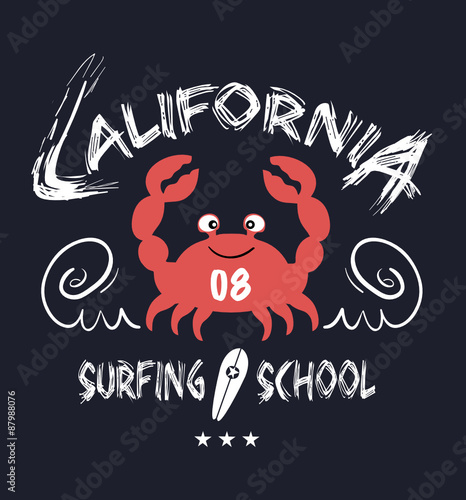 crab label (crab silhouette, crab icon, crab sign, crab symbol) / College California typography
