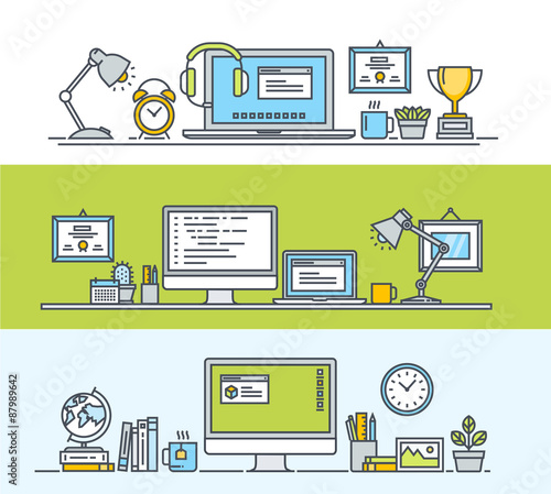 Set of thin line flat design concepts of modern workspace for web and app design and development. Vector illustrations for web banners and promotional materials.