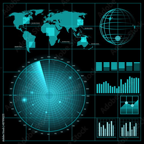 Radar screen with world map