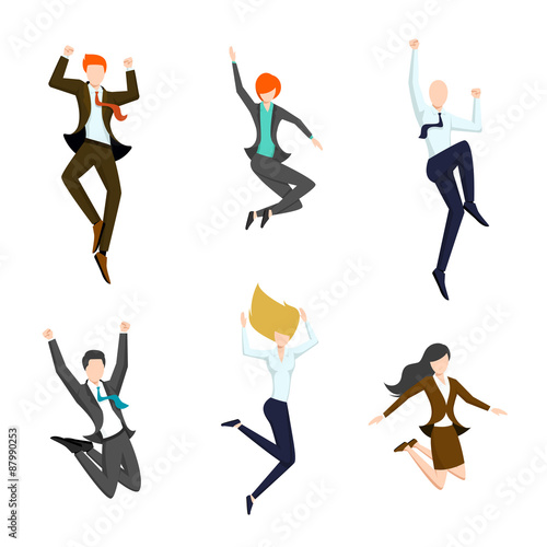 Jumping business people in the air. Happy and successful icons