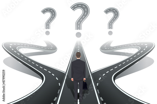 Businessman in front of question with roads
