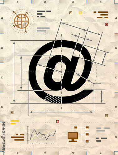 Email symbol as technical blueprint drawing on crumpled paper
