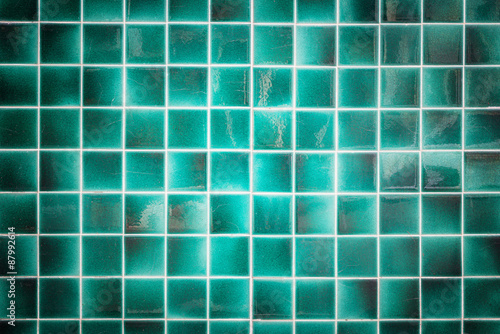 Old pattern green ceramic bathroom wall tile texture and backgro