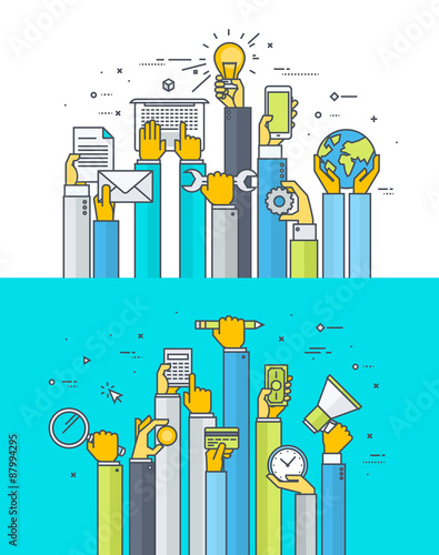 Thin line flat design concepts for internet services and apps in the field of business, finance, banking, marketing, education, technology and development, maintenance, manufacturing, communications