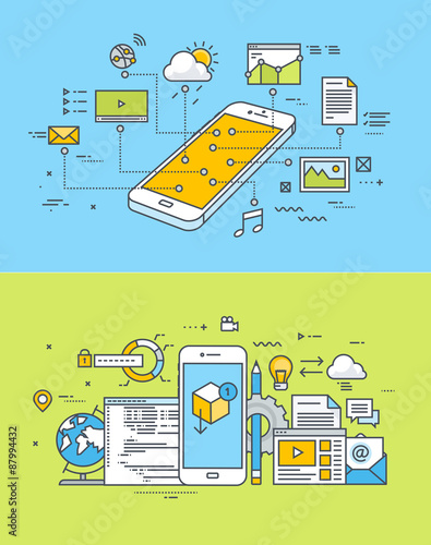Set of thin line flat design concepts of mobile site and app design and development. Vector illustrations for web banners and promotional materials.