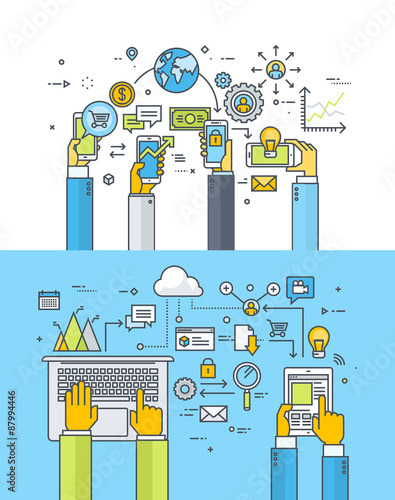 Set of thin line flat design concepts for mobile business and finance, m-banking, m-commerce, cloud computing, online business communication and services. Vector illustrations for web banners.