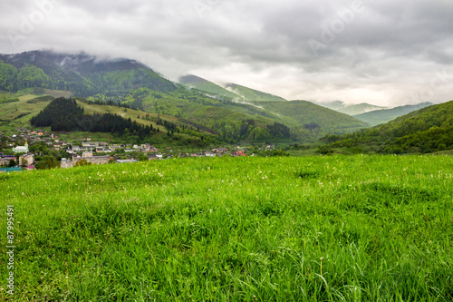 village near meadow in mountains