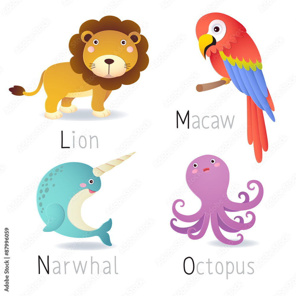 Fototapeta premium Alphabet with animals from L to O Set 2