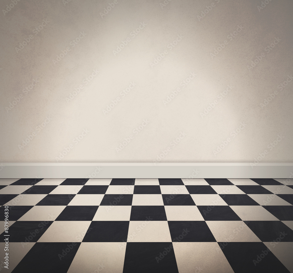 Blank White Checkered Floor and Old Wall Background