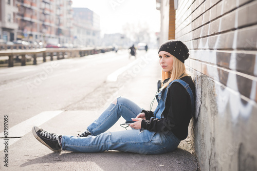 young beautiful blonde straight hair woman photo