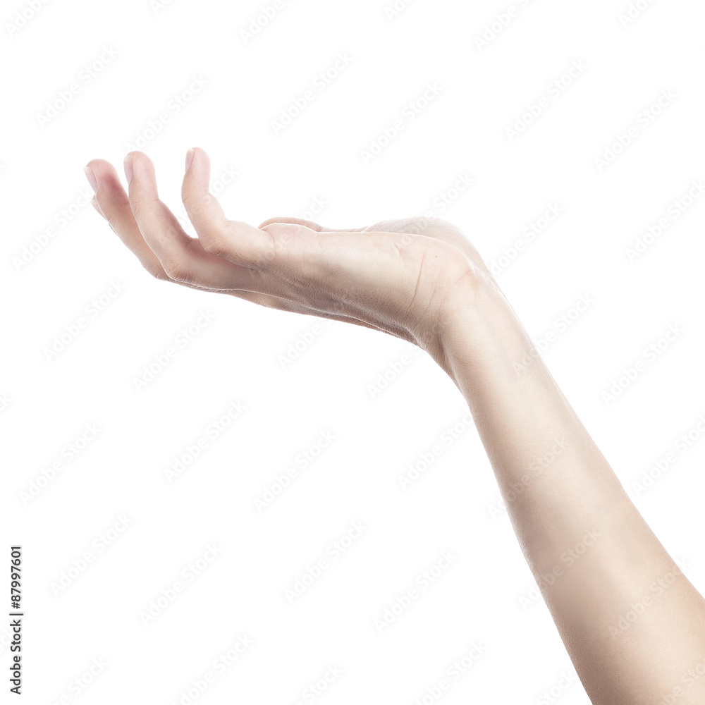 Female hand to create a collage, isolated on white Female hand to create a collage, isolated on white