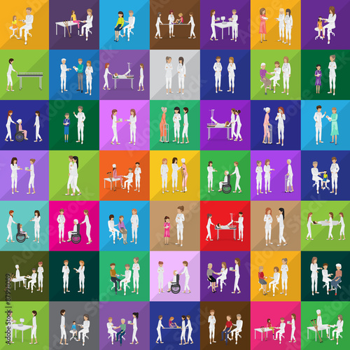 Medical Staff And Patients Different Situations - Isolated On Mosaic Background - Vector Illustration, Graphic Design Editable For Your Design