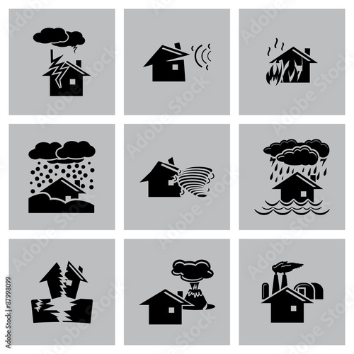 Vector black natural disaster icons set on grey background