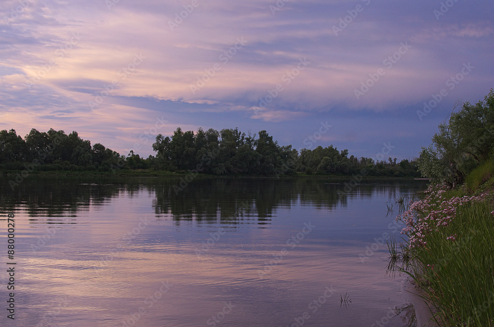 Summer evening. Sunset on the river.  (river Desna. Ukraine)