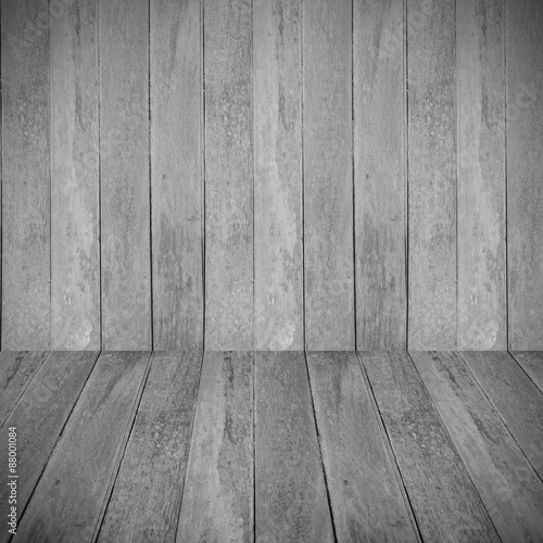 wall and wood slabs arranged in perspective texture background.