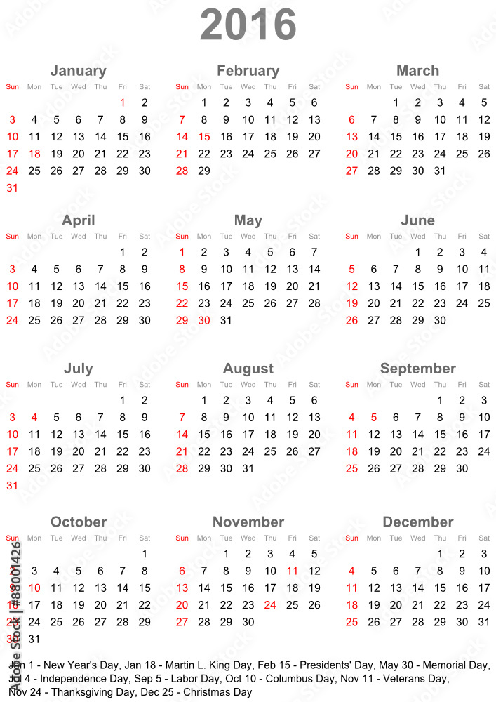 Kalender 2016 mit Markierung und Auflistung der gesetzlichen Feiertagen in den USA, Wochenbeginn am Sonntag Kalender 2016 mit Markierung und Auflistung der gesetzlichen Feiertagen in den USA, Wochenbeginn am Sonntag