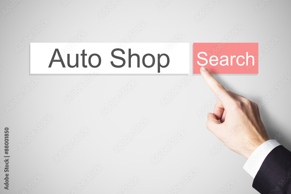 businessman pushing red web search button auto shop businessman pushing red web search button auto shop