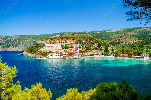 Assos on the Island of Kefalonia in Greece. View of beautiful bay of Assos village, Kefalonia island, Greece 