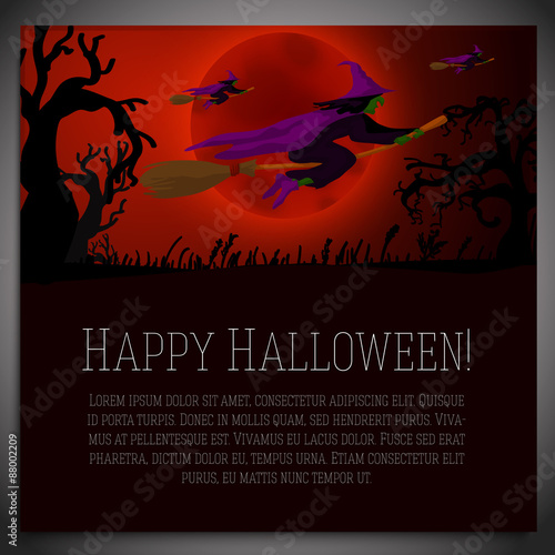 Big halloween banner with illustration of witches on the red