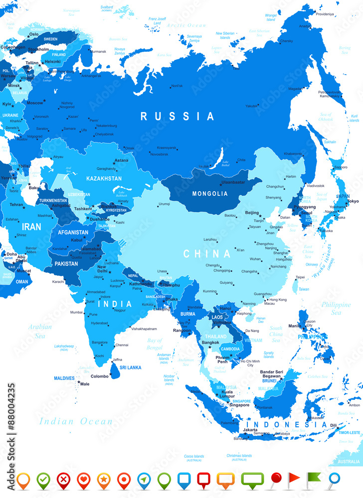 Asia map - highly detailed vector illustration. Image contains land ...