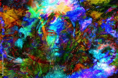 mystic face women with butterflies  color background collage. ey