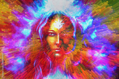 mystic face women, with color background collage. eye contact . © jozefklopacka