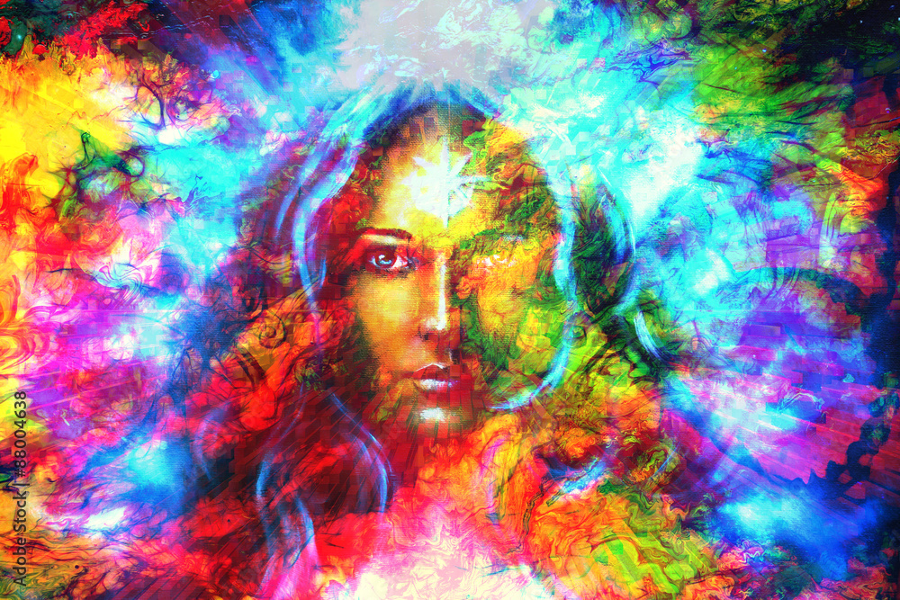 mystic face women with butterflies, color background collage. eye contact