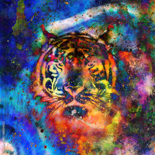  tiger collage on color abstract background, rust structure