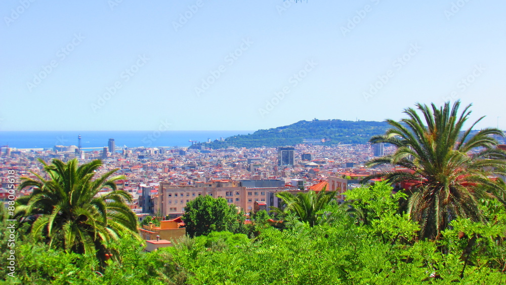 A view of Barcelona, Spain and the ocean from Park Guell