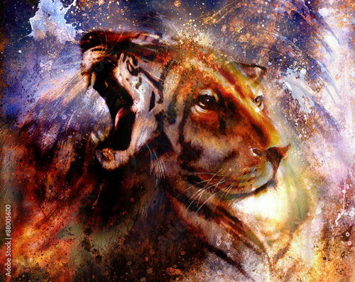  tiger and lion collage on color abstract  background, rust structure  © jozefklopacka