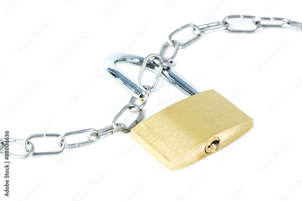 Metal chain and an unlocked padlock showing keyhole, isolated on white background Metal chain and an unlocked padlock showing keyhole, isolated on white background