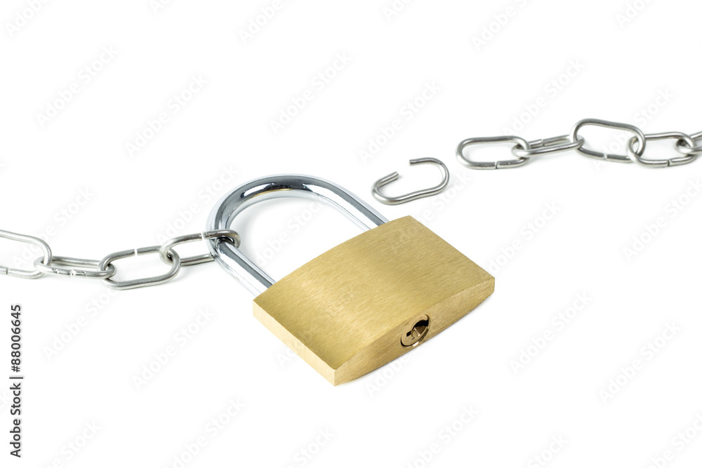 Broken metal chain and a locked padlock showing keyhole, isolated on white background Broken metal chain and a locked padlock showing keyhole, isolated on white background