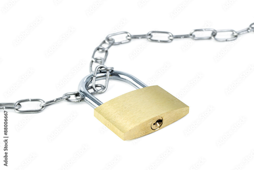 Metal chain and a locked padlock showing keyhole, isolated on white background Metal chain and a locked padlock showing keyhole, isolated on white background