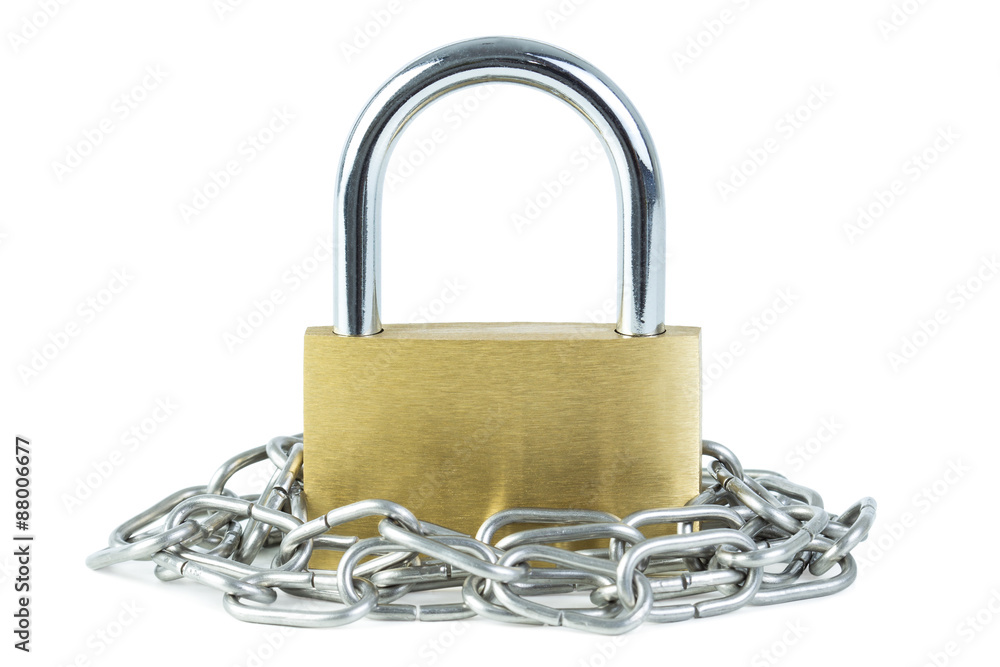 Metal chain around a locked padlock, isolated on white background Metal chain around a locked padlock, isolated on white background