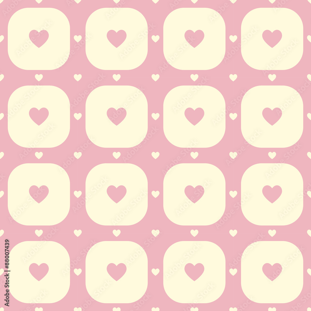 Pink hearts in yellow rounded squares vector seamless pattern Pink hearts in yellow rounded squares vector seamless pattern