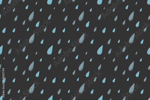 Rain seamless pattern, dark cold autumn night. Desaturated colors. Big blue raindrops falling from the gray sky photo