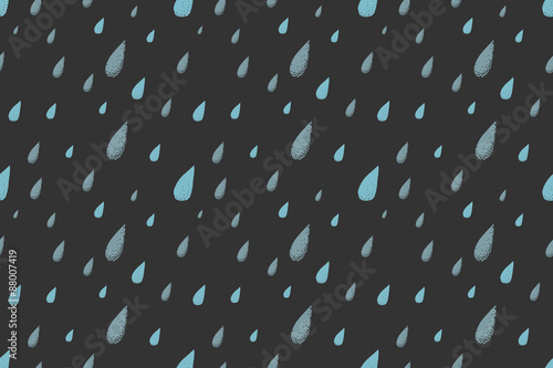 Rain seamless pattern, dark cold autumn night. Desaturated colors. Big blue raindrops falling from the gray sky