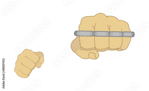 Clenched man fists holding brass-knuckle. Punching. Color illustration isolated on white