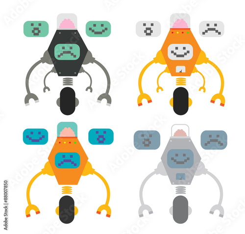 Set of cute flat style robots with different emotions isolated on white 