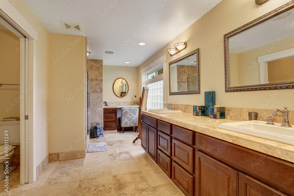Luxury master bathroom with long counter. Luxury master bathroom with long counter.