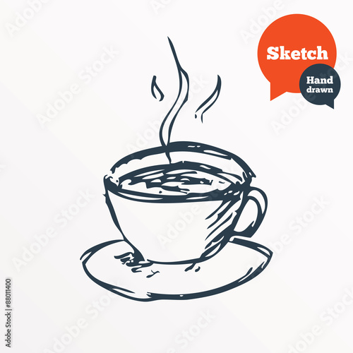 Hand drawn coffee cup. Sketched hot tea drink.