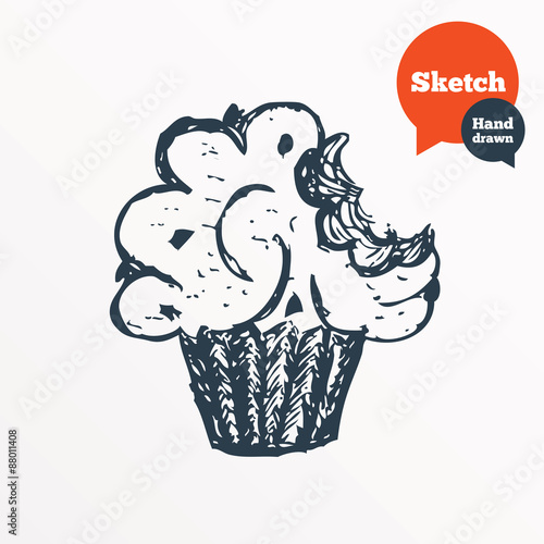 Hand drawn muffin. Sketched bite of cupcake.