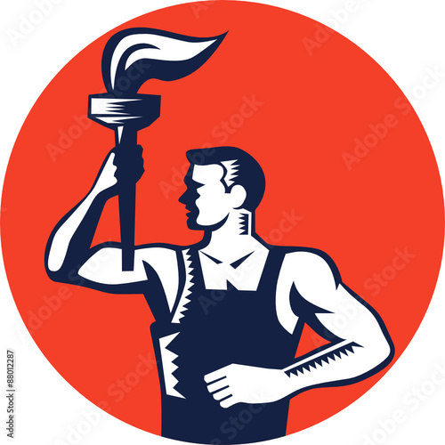 Worker Holding Up Flaming Torch Circle Woodcut