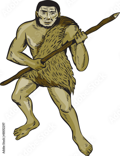 Neanderthal Man Holding Spear Etching