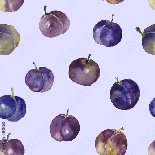 Seamless pattern with watercolor plums
