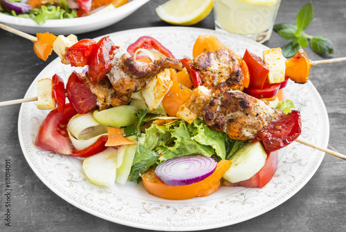 Skewers Meal with Grilled Chicken, Tomatoes and Peppers