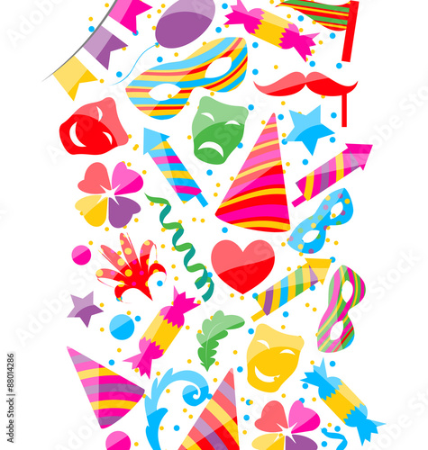 Festive background with carnival and party colorful icons and ob