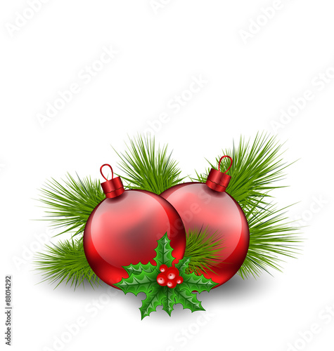 Christmas red glass balls with fir twigs and holly berry, on whi