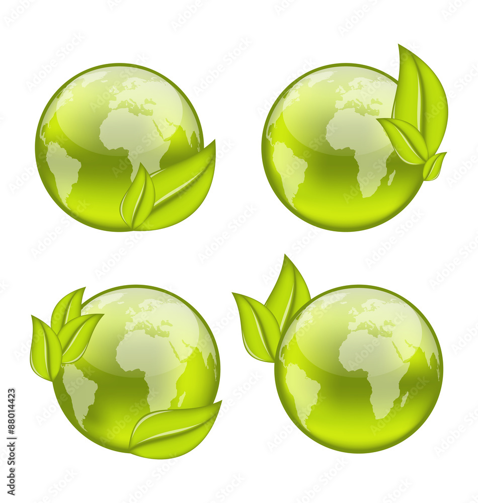 set icon world with eco green leaves isolated on white backgrou set icon world with eco green leaves isolated on white backgrou